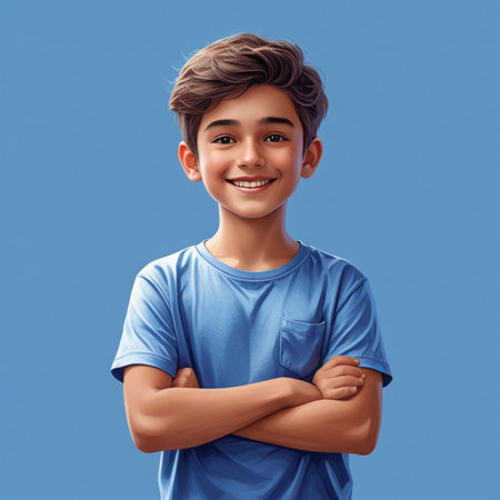 Smiling boy with folded arms. Portrait of a smiling boy standing with folded arms against blue background.の素材