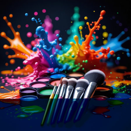 Makeup brushes and colorful paint splashes on dark blue background.の素材