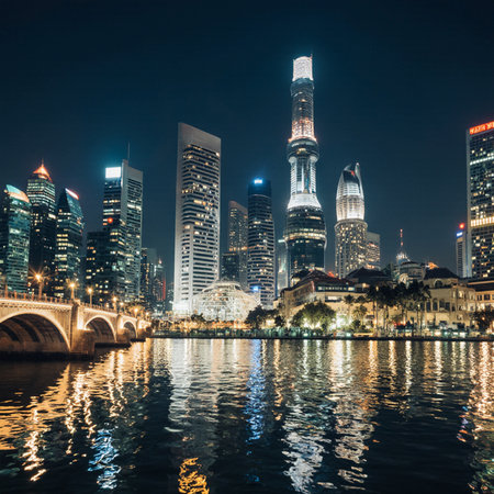 Shanghai skyline at night with reflection in Huangpu river,China.の素材
