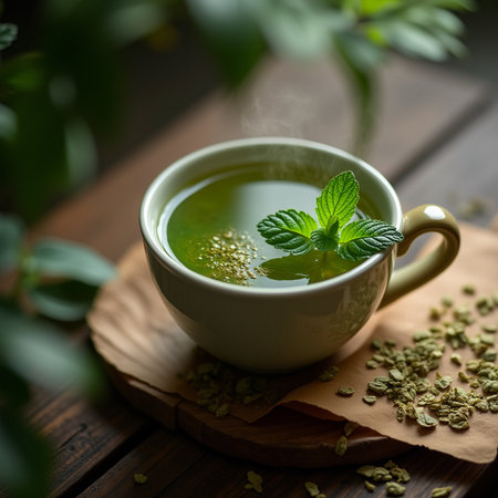 hot green tea with mint leaves in a cup on a wooden backgroundの素材