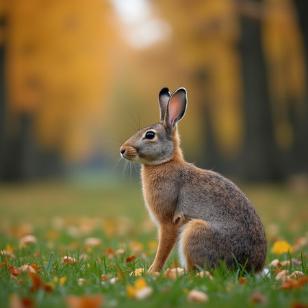 Young hare sitting on the grass with yellow fallen leaves in autumn parkの素材