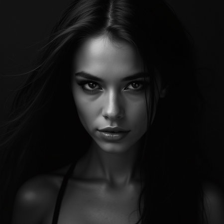 Black and white portrait of a beautiful young woman with long black hairの素材