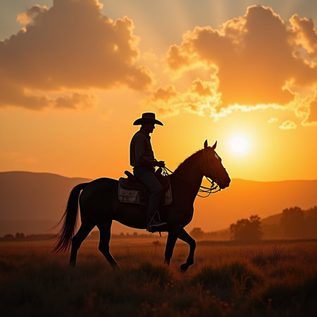 Cowboy on horseback in the field at sunset. 3d renderingの素材