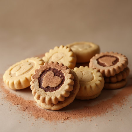 Cookies with chocolate filling and cocoa powder on a light background.の素材