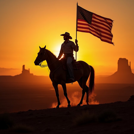 Silhouette of cowboy on horseback with American flag at sunsetの素材