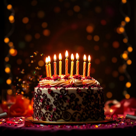 Birthday cake with burning candles on a dark background with bokehの素材
