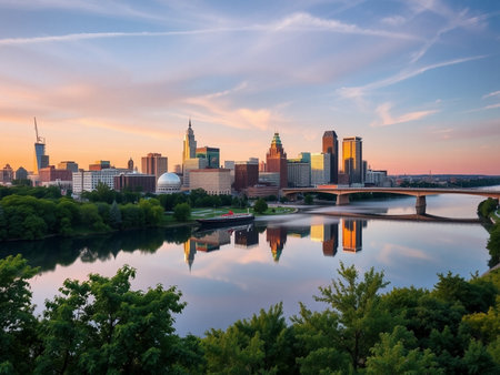 Boston skyline at sunset with reflection in the river, Massachusetts, USA.の素材