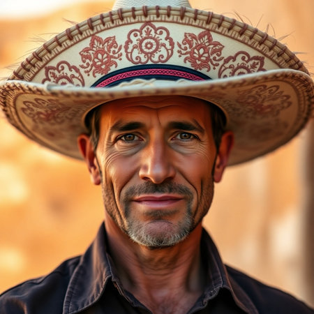 Portrait of a Mexican man wearing a sombrero hat.の素材