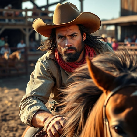 Portrait of a cowboy on horseback in the rodeo.の素材