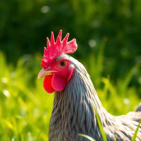 Portrait of a rooster on a green background in the summerの素材
