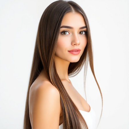 Portrait of a beautiful young brunette woman with long straight hairの素材