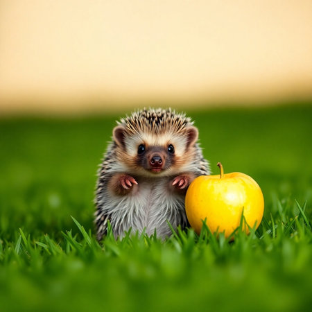 Hedgehog with an apple on green grass. Baby hedgehogの素材
