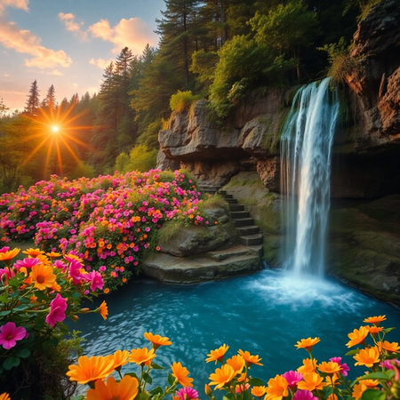Beautiful summer landscape with waterfall and flowers in the mountains at sunsetの素材