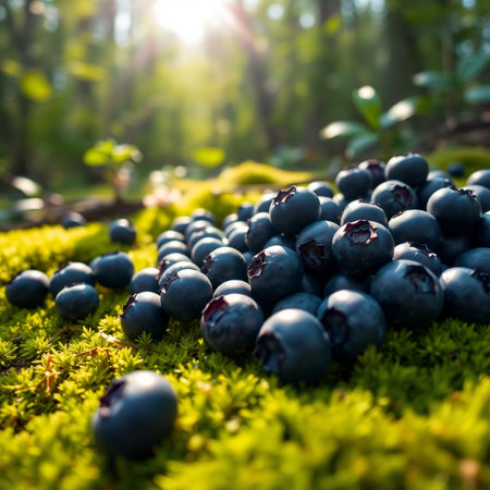 Ripe blueberries on moss in forest. Shallow depth of field.の素材