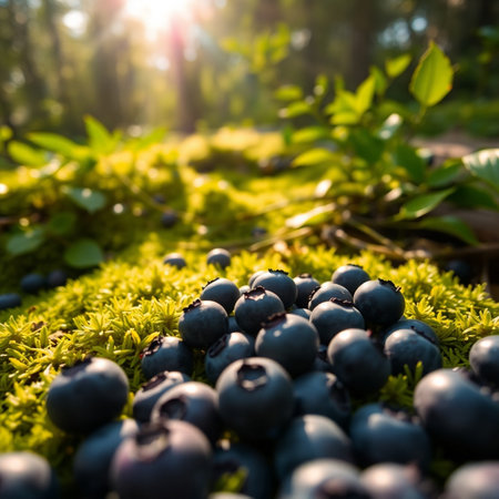 Ripe blueberries on moss in forest. Shallow depth of field.の素材