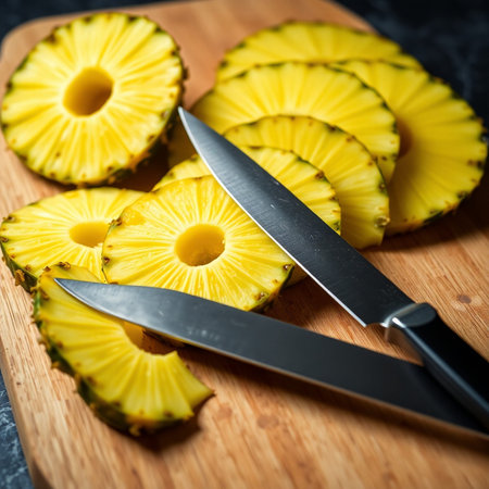 Pineapple slices on wooden cutting board with knife, selective focusの素材