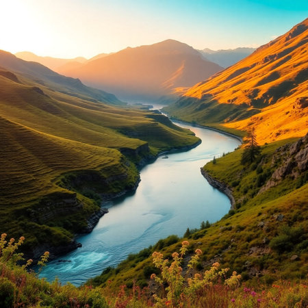 Mountain river in the valley at sunset. Beautiful summer landscape.の素材