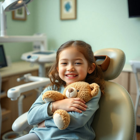 Cute little girl sitting in dentist chair and holding teddy bearの素材