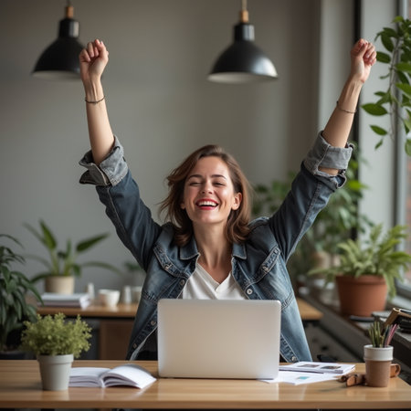 Happy young woman sitting in front of laptop and raising her hands upの素材