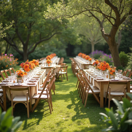Wedding Banquet Table Outdoors Decorated with Flowersの素材
