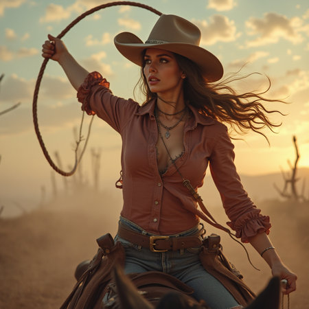 Beautiful cowgirl in cowboy hat with lasso on sunset backgroundの素材