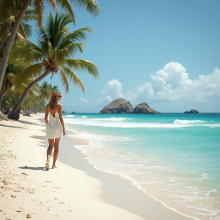 Woman in white dress walking on the beach at Seychellesの素材