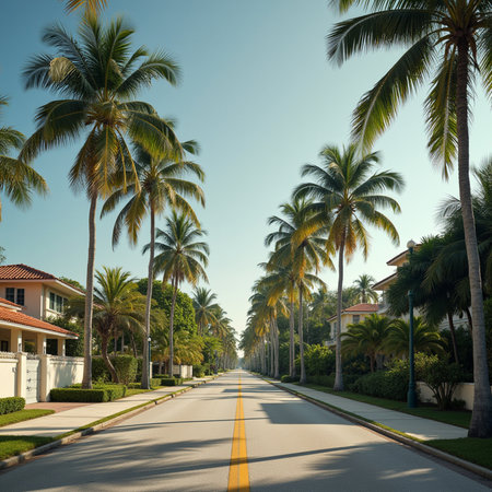 Palm trees along a road in Fort Lauderdale, Florida, USA.の素材