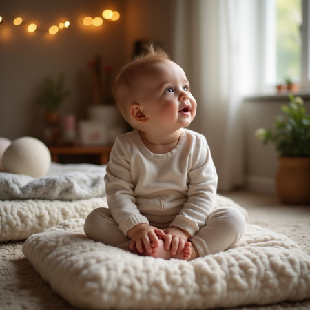 Adorable baby girl sitting on a white knitted blanket at homeの素材