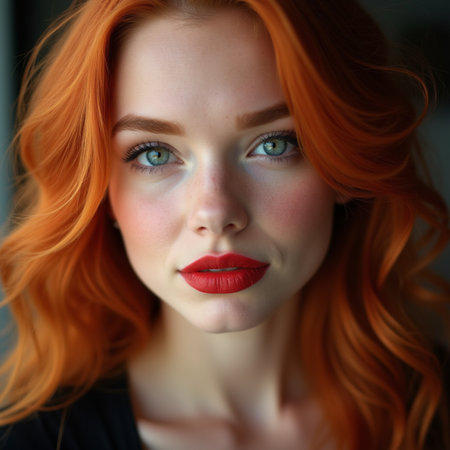 Closeup portrait of a beautiful young woman with red hair and makeupの素材