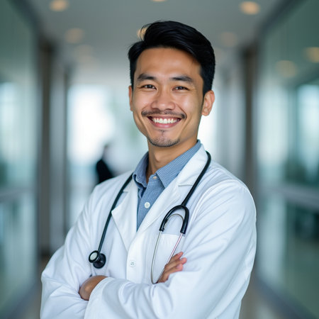 Portrait of a smiling Asian male doctor with stethoscopeの素材