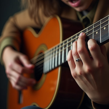 Young girl playing acoustic guitar. Close-up, selective focus.の素材
