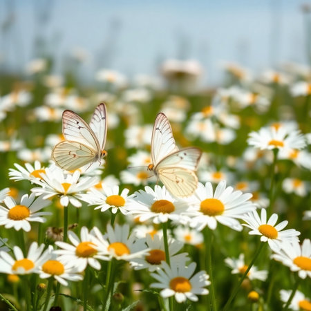 White butterfly on daisies in the meadow. Selective focusの素材