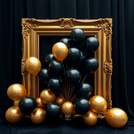 Golden frame with black and golden balloons on a black background. 3d renderingの素材