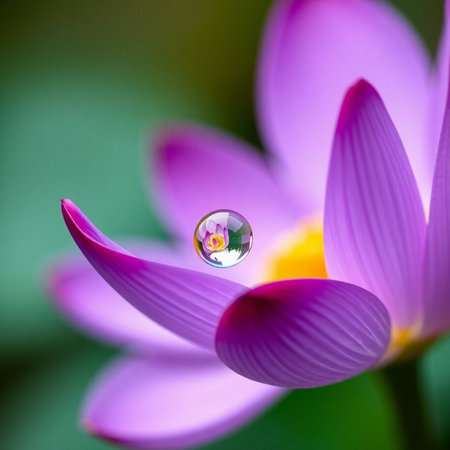 Water drop on a purple lotus flower with green leaf background.の素材