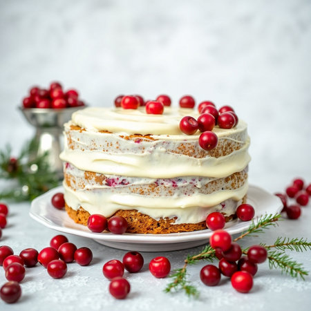 Christmas cake with cranberries on a white background. tinting. selective focusの素材
