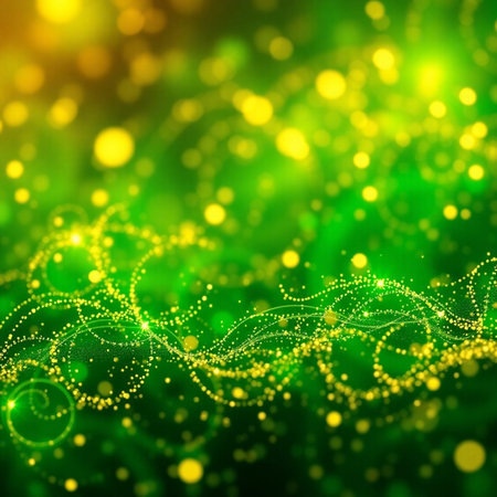 Abstract green background with bokeh defocused lights and stars.の素材