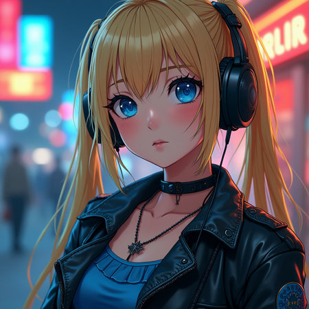3d rendering of a girl with headphones in the city at nightの素材