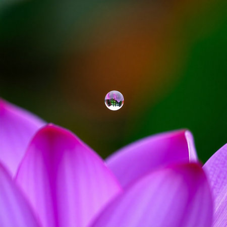 Water drop on a purple lotus flower. Shallow depth of field.の素材