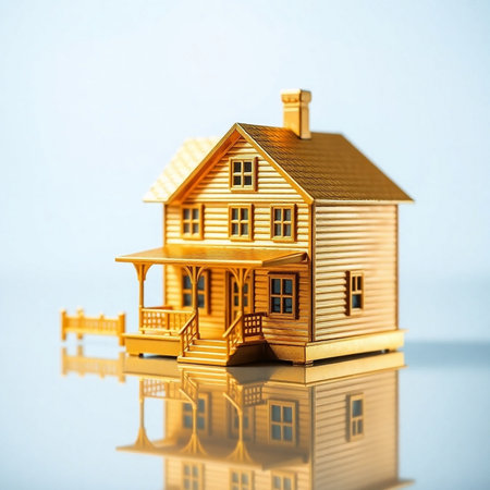 House model with reflection on blue background, real estate and property conceptの素材