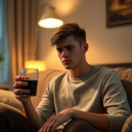 Young man drinking coffee while sitting on sofa at home in the eveningの素材