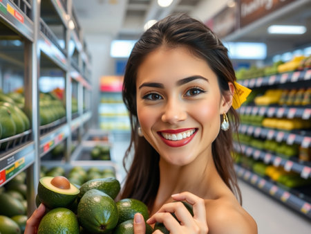 Beautiful young woman choosing avocado in grocery store, closeup portraitの素材
