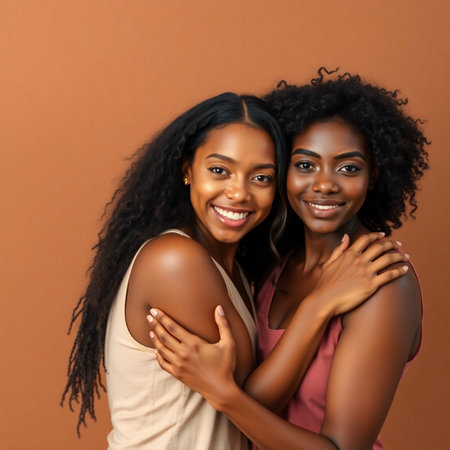 Portrait of two African American women hugging on brown backgroundの素材