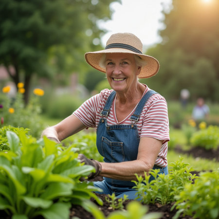 Portrait of senior woman working in her garden at summer day.の素材