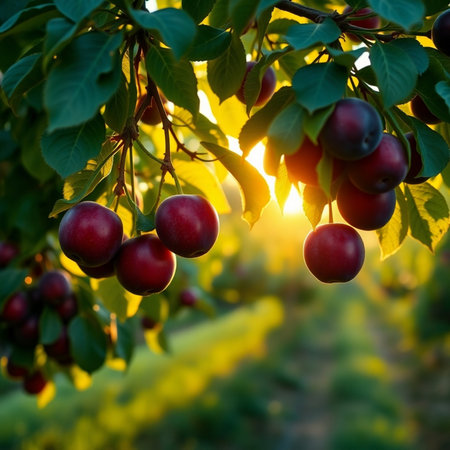 Ripe red plums on a tree branch in the orchardの素材