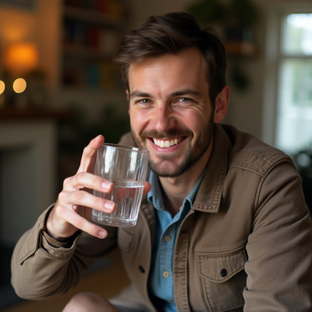 Portrait of a smiling young man holding glass of water at homeの素材