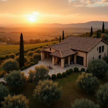 Tuscany landscape with villa at sunset. 3d renderの素材