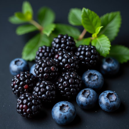 Blackberries and blueberries on a black background. Shallow dof.の素材
