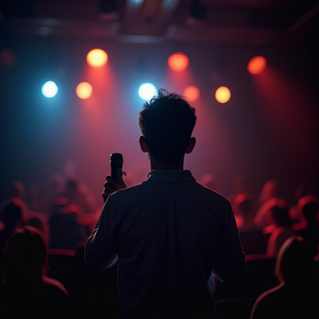Back view of a man speaking into a microphone in a concert hallの素材