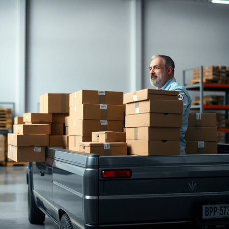 Side view of mature Caucasian male warehouse worker carrying cardboard boxes in warehouseの素材