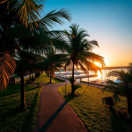 Beautiful sunset at the sea with palm tree and pathway in the parkの素材